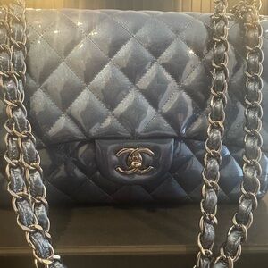 Chanel Blue Iridescent Patent Jumbo Classic Double Flap